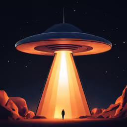 a person stands in the middle of a desert under a dark sky with a neon glowing light