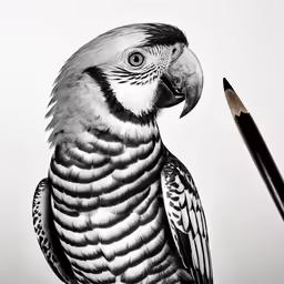 a very large bird standing next to a pencil