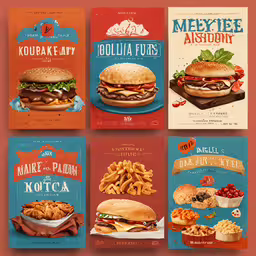 food advertising brochures are displayed in different ways,three retro advertisements for kodake hamburgers and french fries
