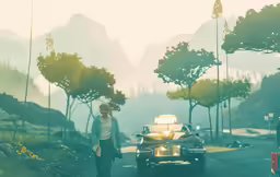 a man and a woman are walking towards a car