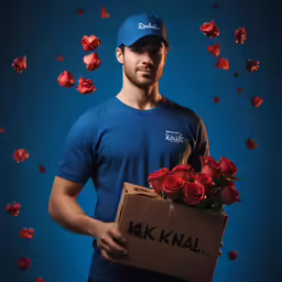 a man holding a box of flowers and looking at the camera