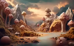 various landforms on the ground with a road in front of them