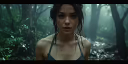a woman with wet hair is in a wooded area