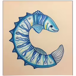 a drawing of a fish sitting in the shape of a moon,drawing of a fish swimming next to a letter o