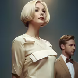 woman wearing dress standing next to man in suit