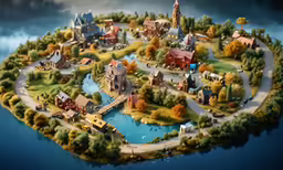 a small island with some houses on top of it
