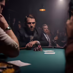 the man is sitting at the table in front of poker chips