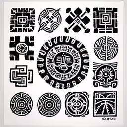 various art pieces made up of black and white prints,a poster with different designs and shapes on it