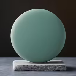 round vase in pale green sits on a stone block