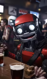 a robot and a woman drinking in a bar