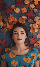 a woman laying in front of fall leaves