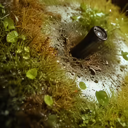 a black bottle of wine sitting on some moss