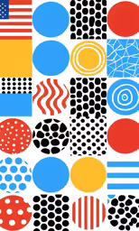 a blue, yellow and red abstract pattern with circles and dots on white background