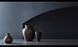 three different sized vases sit on a table