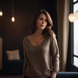 a beautiful woman leaning against a window looking into the camera