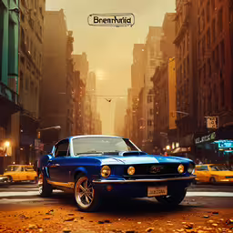 a blue ford mustang mustang sits in a city street,a vintage mustang drives down a city street in an advertisement for the movie broke my heart