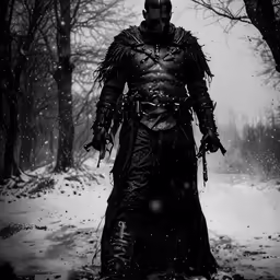 the man wearing armor walking through a snowy forest