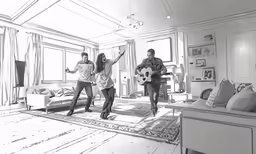 black and white photo of two people playing guitars