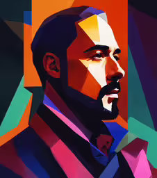 a man in colorful clothes is looking off into the distance,a painting of a bald man with colored background