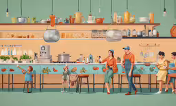 an oil painting of people at a kitchen counter,a painting of two people with children at the kitchen counter
