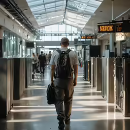 a man is walking in an airport with many luggage