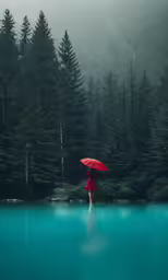 woman in red holding umbrella and looking at green lake