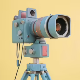 blue tripod with camera set up on it, as the focusner is pointed to the lens