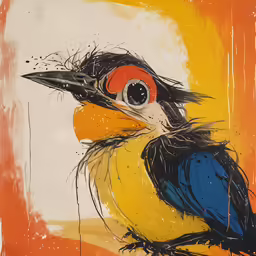 a painting depicting a brightly colored bird with orange background