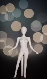 the nude female mannequin is next to many blurry circles