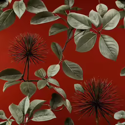 several leaves and branches against a red background