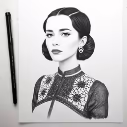 a black and white illustration of a woman with an elegant top