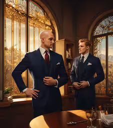 a couple of people standing up in a room,two gentlemen looking into a large window in a restaurant