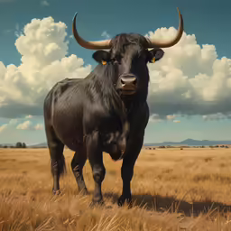 a black bull standing in a large open field