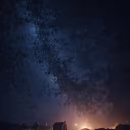 a field with cows near a campfire under a night sky