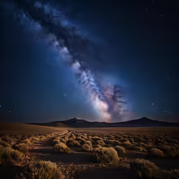 the milky rises over a vast desert field