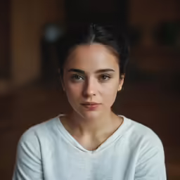 a woman with a white shirt looks into the camera