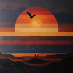 painting of two people standing at sunset with seagull
