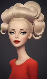 a doll is wearing a large, blonde head and red dress