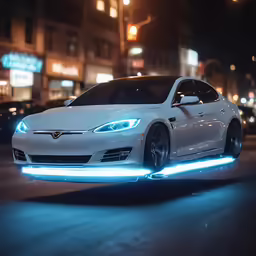 the white electric car is driving on the street