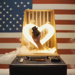 a man holding a camera with the shape of a heart projected on top