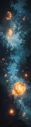 a reflection of trees in water at night