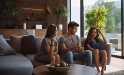 a group of three people sitting on top of a couch