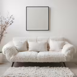 a modern, simple living room with sheepskin throws and white walls