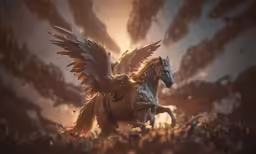 a horse with wings is walking through the sky