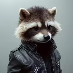 a raccoon is dressed in a black leather jacket