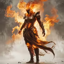 a man in armor standing around some flames