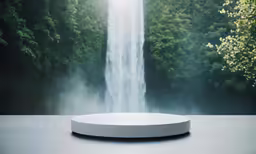 a white plate on a table next to a tall waterfall