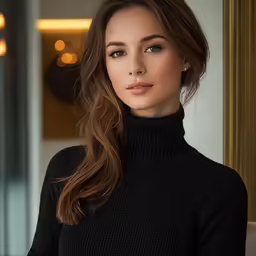 a woman with long brown hair wearing a turtle neck sweater