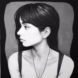 a woman with black hair is looking back at the camera