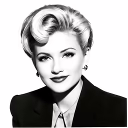 a woman is wearing a suit and has short hair